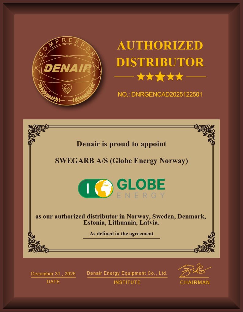 Sertifikat fra DENAIR: Globe Energy Norway er autorisert distributør i Norge, Sverige, Danmark, Estland, Litauen og Latvia
