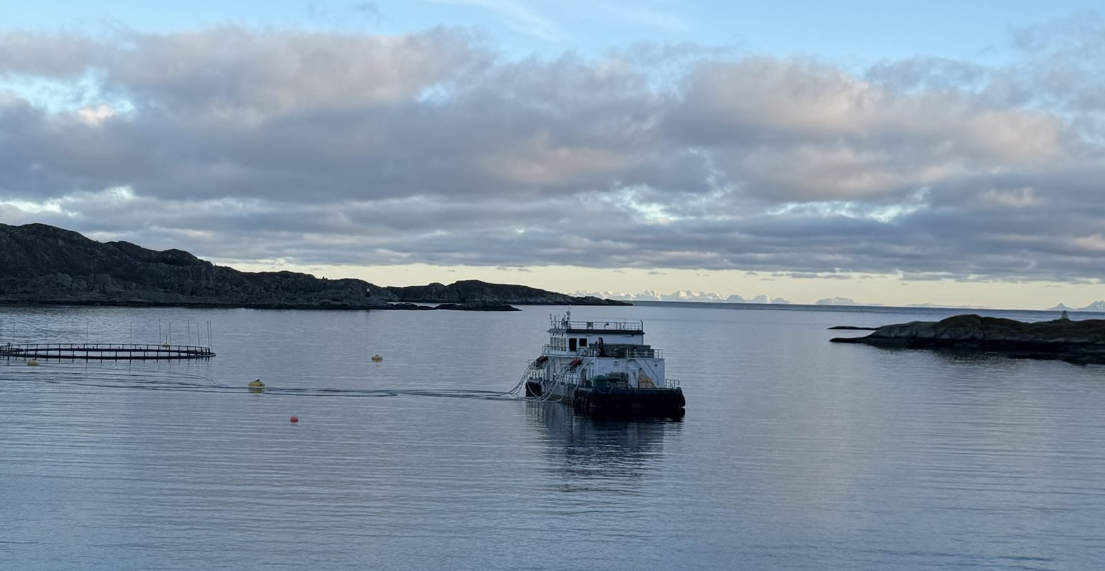 Fôrflåte og merd i stille sjø, med holmer og lave skyer bak