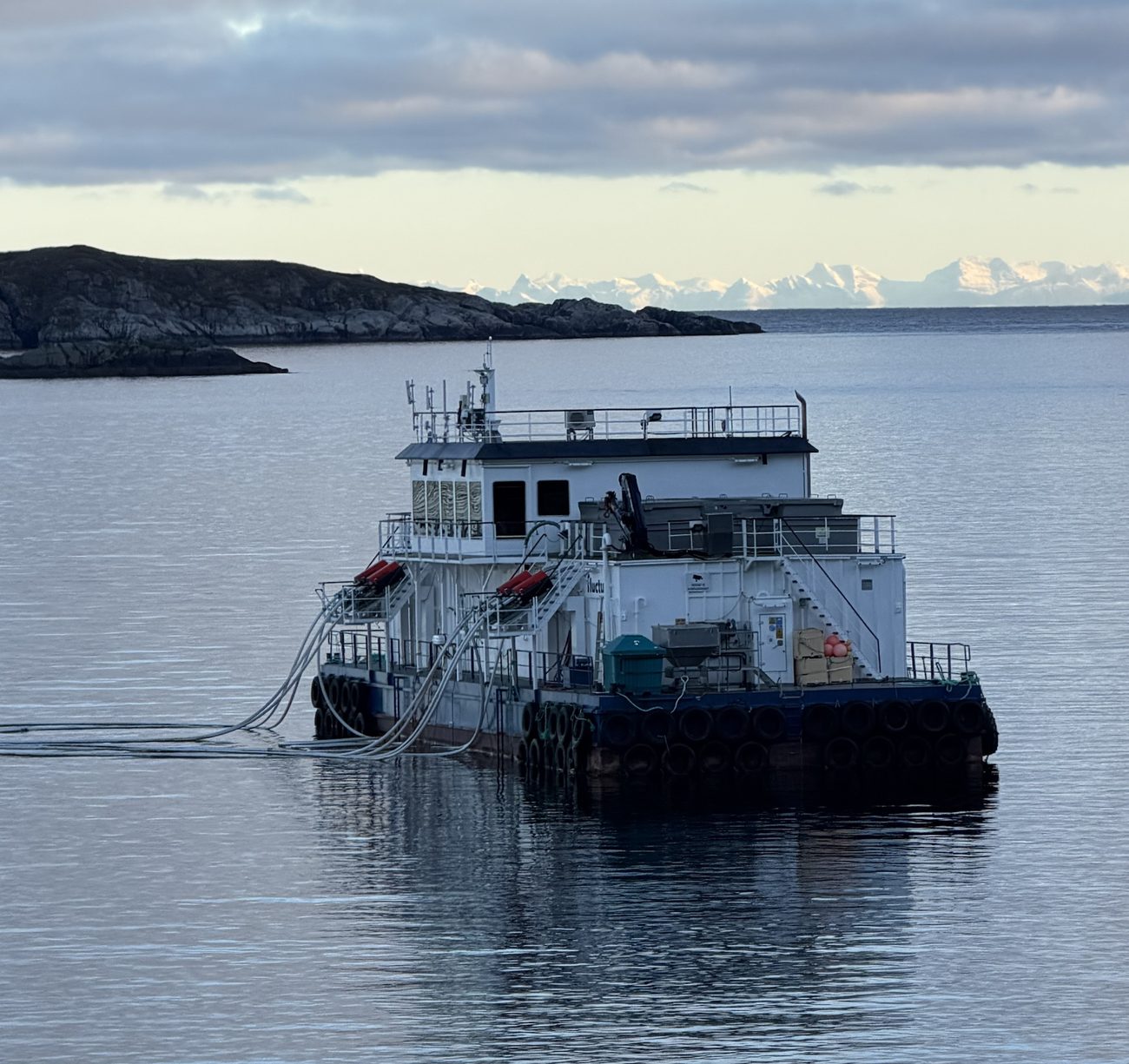 Fôrflåte med fôrslanger ut i sjøen og snødekte fjell i horisonten